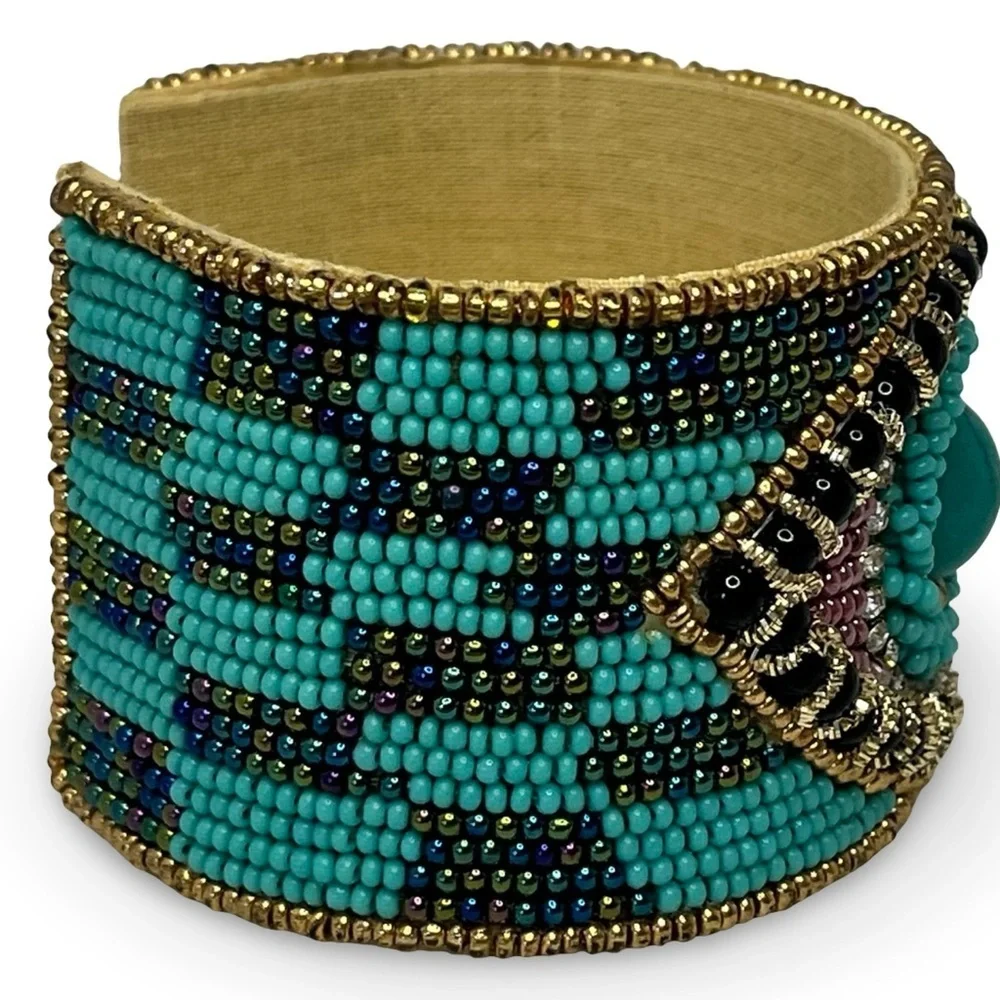 Turquoise and Gold Colored Beaded Evil Eye Cuff Bracelet
